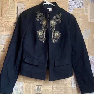 Black Embroidered Cropped Blazer with Textured Fabric